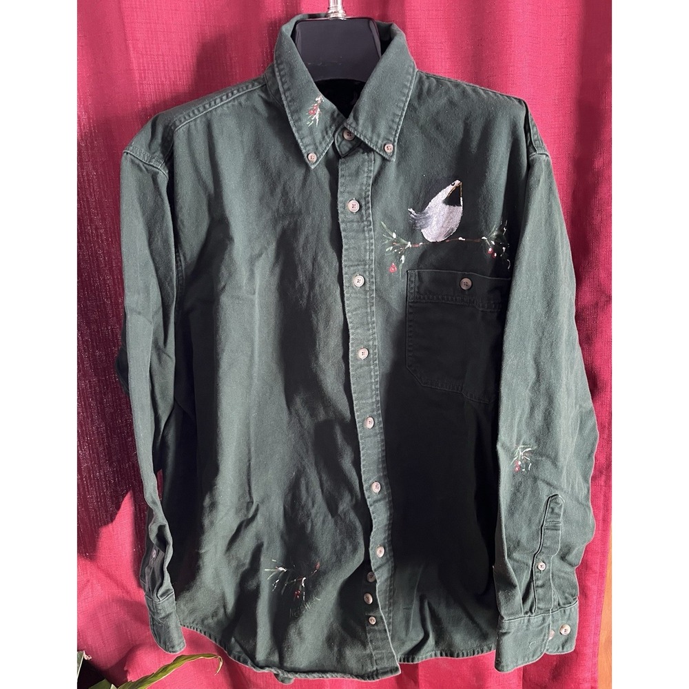Three Rivers Mens XL Green Cotton Hand Painted Chickadee Bird Button Down Shirt